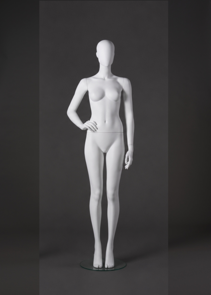 Schaufensterfigur Dame mit abstraktem Egg-Head, weiß, verschiedene Positionen