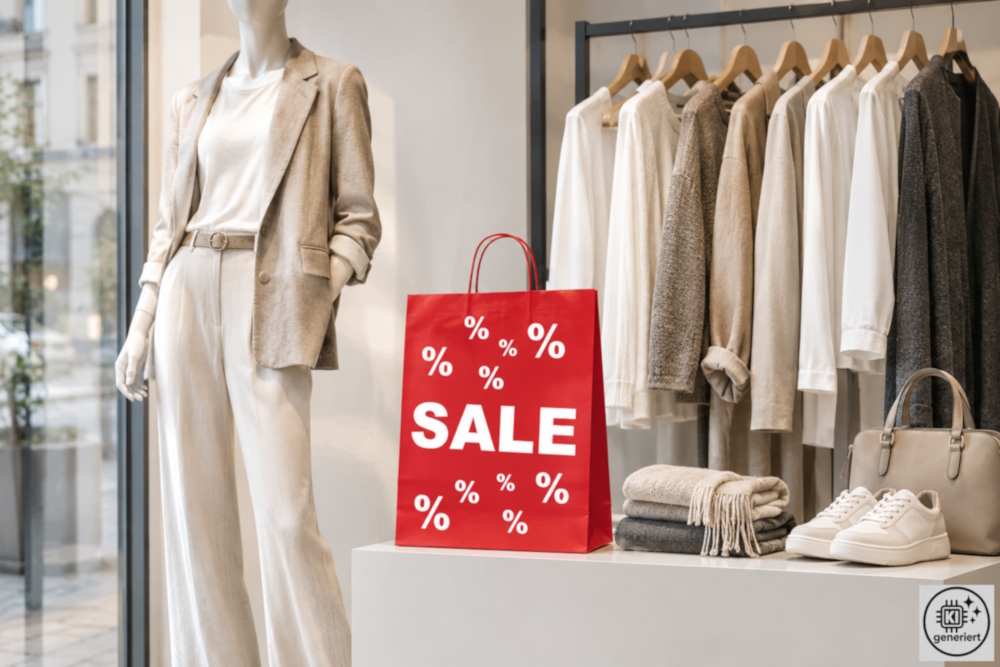 Papiertasche „Sale & Prozent“ – rot/weiß bedruckt
