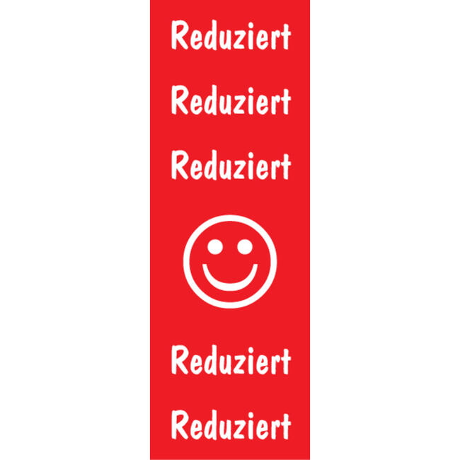 Plakat-Banner "Reduziert & Smiley" aus Papier, Format 48x138cm, rot/weiß