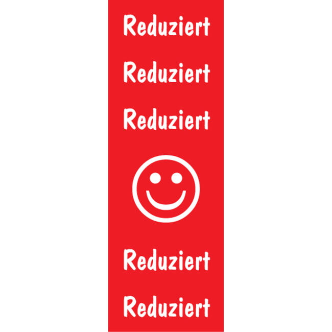 Plakat-Banner "Reduziert & Smiley" aus Papier, Format 48x138cm, rot/weiß