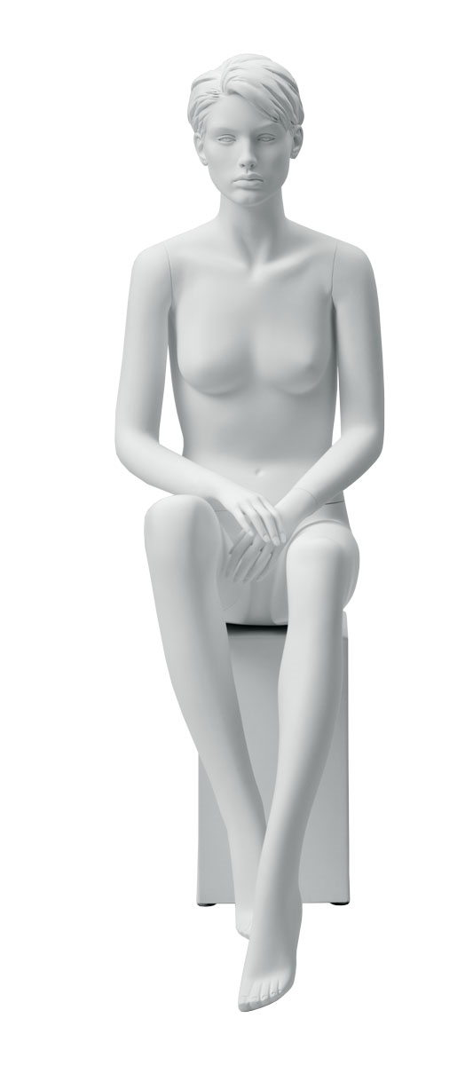 Schaufensterfigur MOS Dame SITZEND, Konfektionsgröße 46, Farbe weiß, mit modelliertem Haar, aus Fiberglas, ohne Sockel