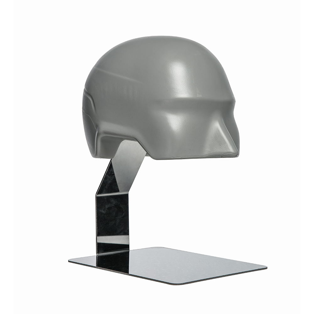 Hut- oder Helmpräsenter, Deko-Kopf unisex, Höhe 25cm, Umfang 55,7cm, Material: Kunststoff mit Metallfuß verchromt, weiß oder grau