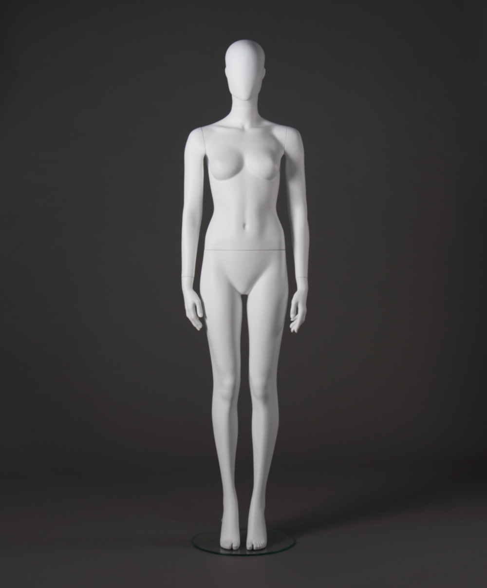 Schaufensterfigur Dame mit abstraktem Egg-Head, weiß, verschiedene Positionen