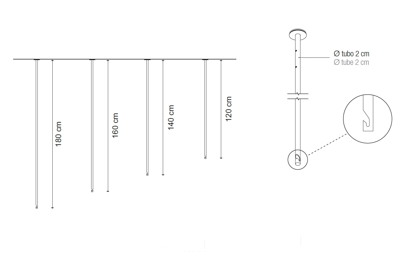 Decken-Abhänger "Nuvola", div. Längen und Farben, Rundrohr 20mm mit einer Einkerbung, Höhen: 120cm, 140cm, 160cm, 180cm