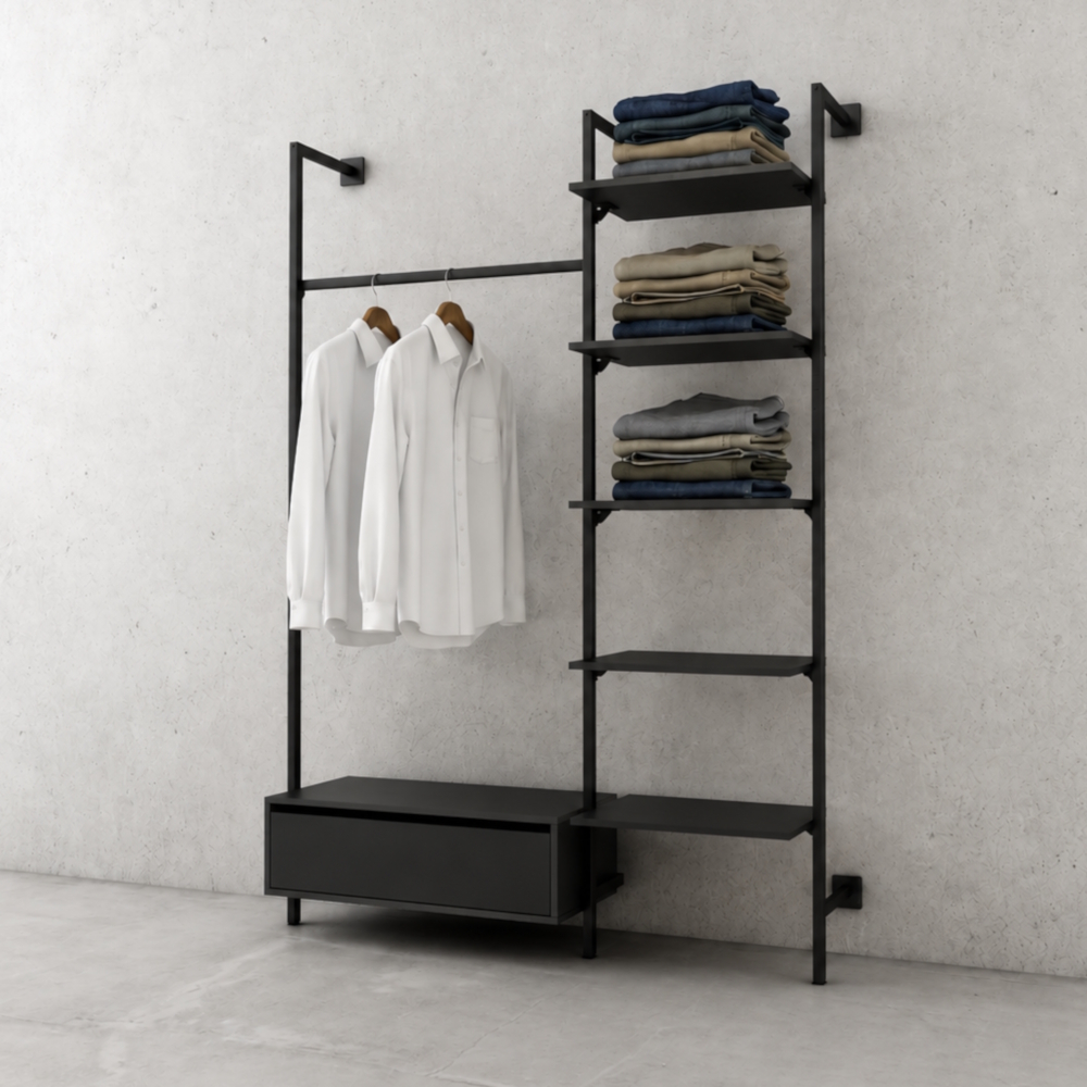 Wandsystem Rainbow Kombination L153 x T32/52 x H220 cm – Verkaufswand mit Regalen und Kleiderstange
