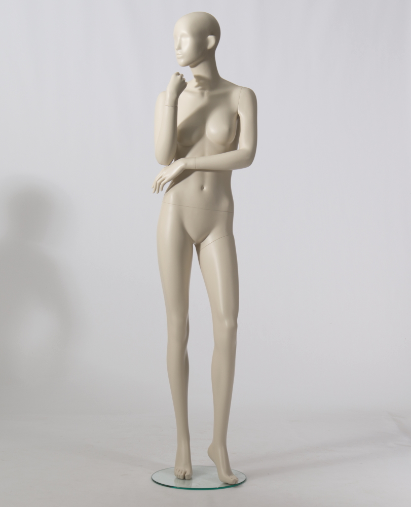 Schaufensterfigur PALE Dame mit skulpturiertem Kopf, inkl. runder Glasstandplatte mit Fuß-/Wadenhalterung, Farbe: champagner