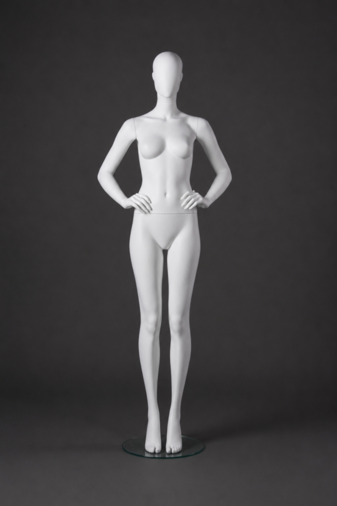 Schaufensterfigur Dame mit abstraktem Egg-Head, weiß, verschiedene Positionen