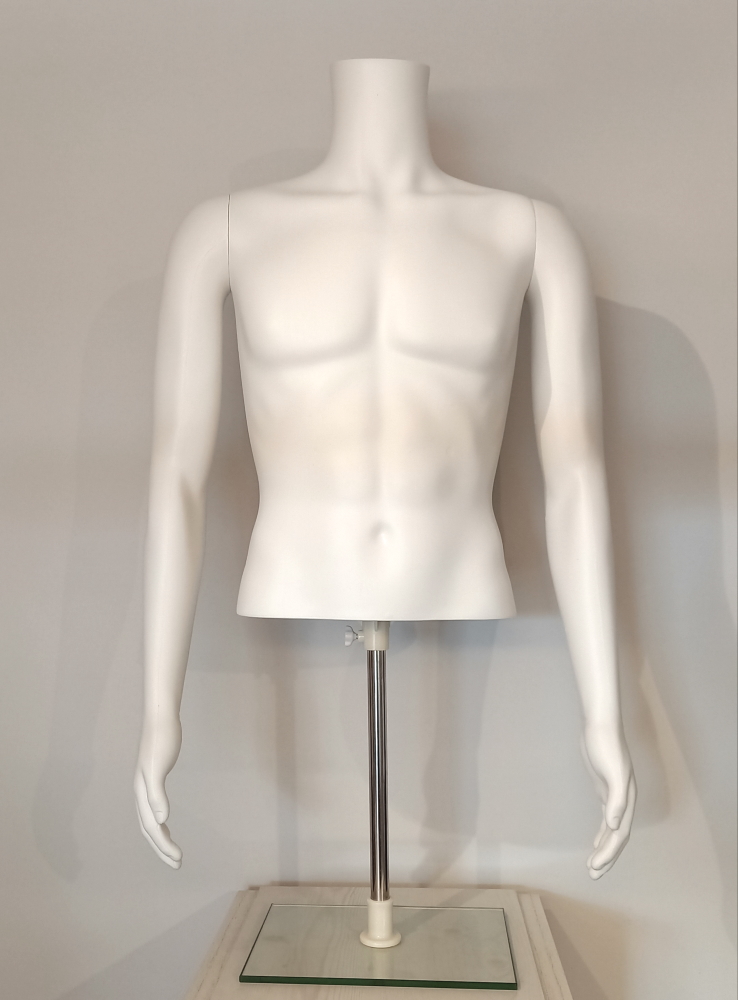 Herrentorso mit Armen weiß aus Kunststoff, ohne Kopf, mit Glas-Standplatte, Höhe: 87cm, Brust 94cm, Taille 75cm