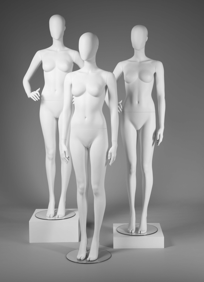 Schaufensterfigur Dame mit abstraktem Egg-Head, weiß, verschiedene Positionen
