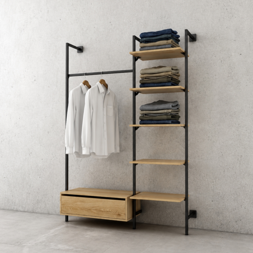 Wandsystem Rainbow Kombination L153 x T32/52 x H220 cm – Verkaufswand mit Regalen und Kleiderstange