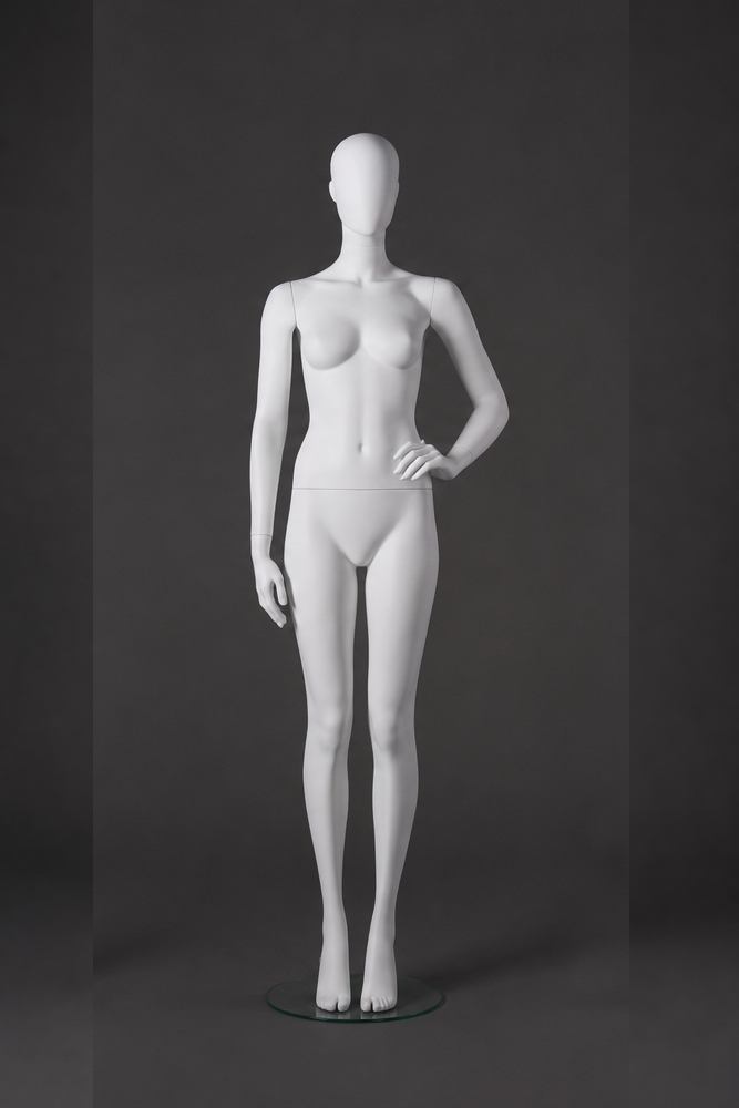Schaufensterfigur Dame mit abstraktem Egg-Head, weiß, verschiedene Positionen