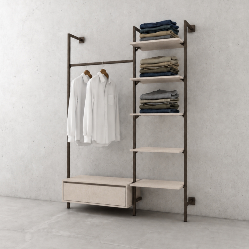 Wandsystem Rainbow Kombination L153 x T32/52 x H220 cm – Verkaufswand mit Regalen und Kleiderstange