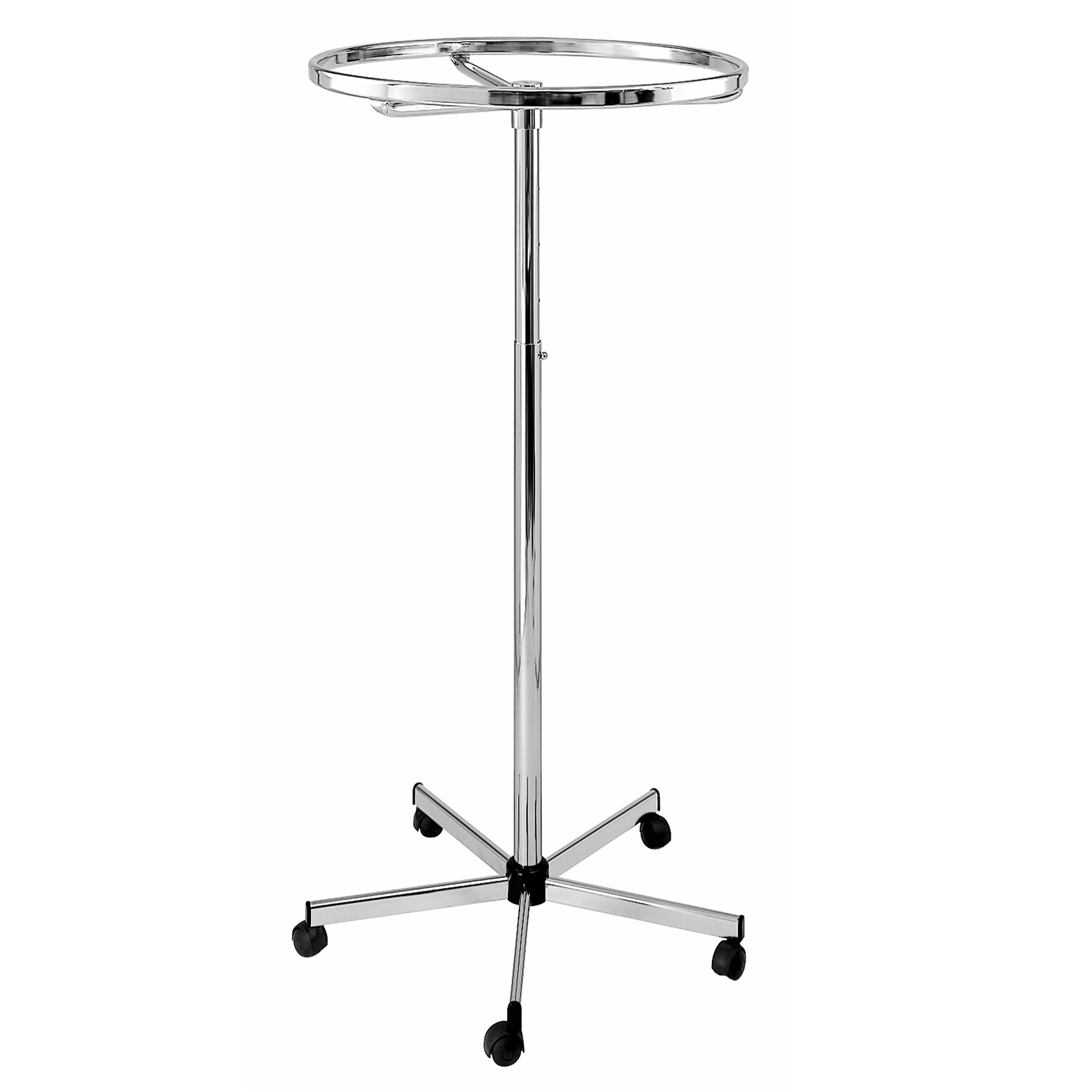 Ringständer verchromt, höhenverstellbar. Höhe: 132-195cm, Ring Durchmesser 78cm, 5-Fuß-Gestell Durchmesser 88cm, mit Rollen 